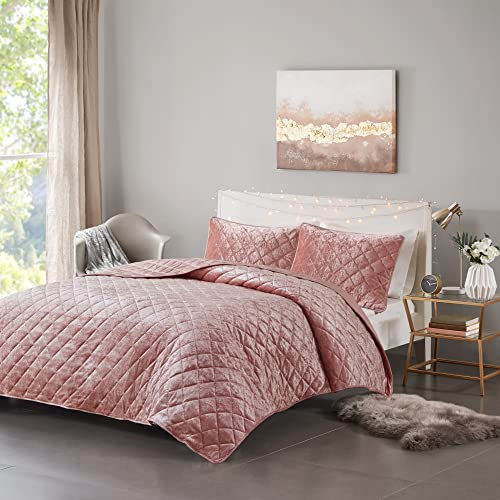 Intelligent Design Luxe Quilt Lush Face Diamond Pattern With Microfiber Reverse All Season, Lightweight Coverlet, Cozy Bedding, Matching Shams, Full/Queen(90"X90"), Felicia Velvet Blush 3 Piece #TOP23