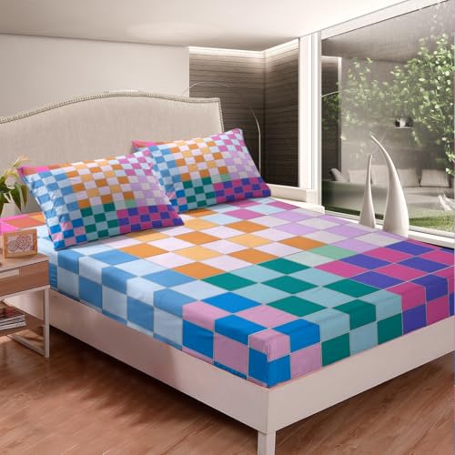Image of Erosebridal Colorful Checkered Bed Sheets Full Rainbow Checkerboard Grid Sheet Set Blue Pink Purple Ombre Plaid Fitted Sheet for Kids Boys Girls Women,Geometric Groovy Aesthetic Flat Sheet 4 Pcs