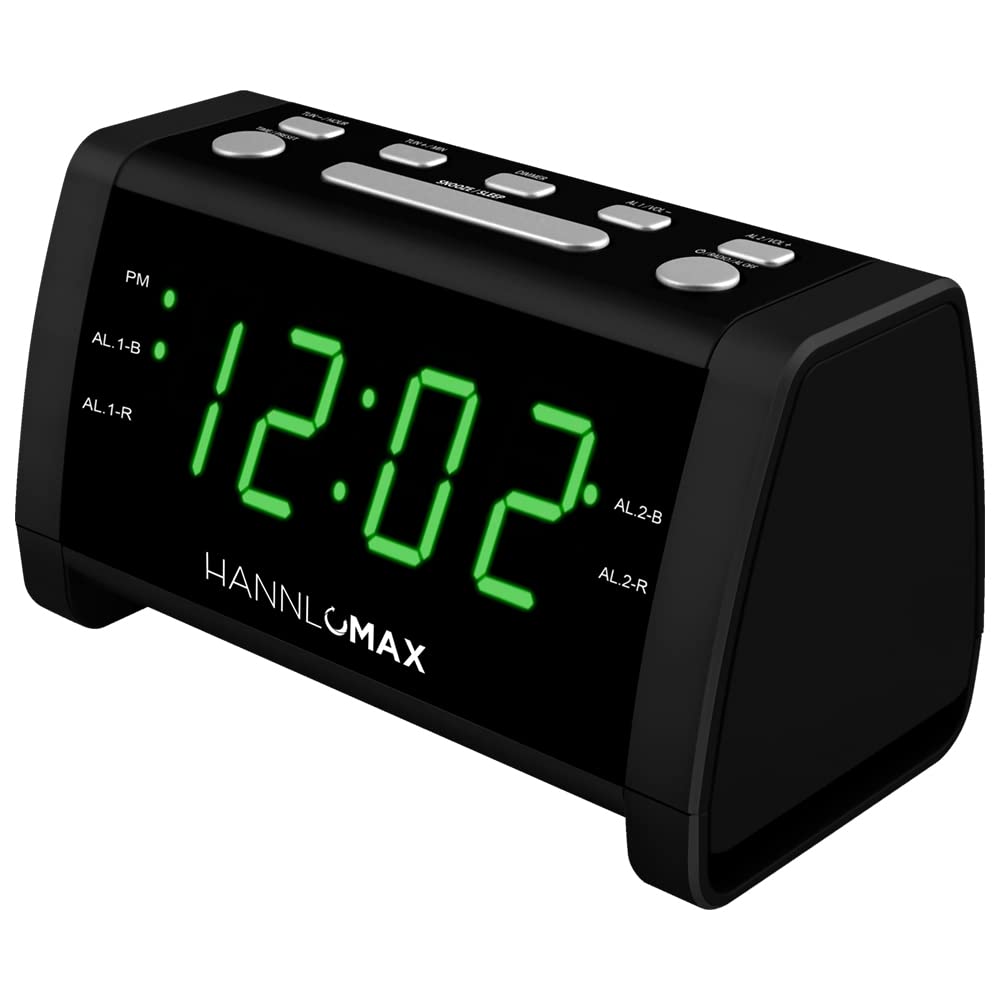 HANNLOMAX HX-138CR - Radiosveglia PLL AM/FM con stazioni preimpostate, display a LED verde da 1,4", doppio allarme, solo funzionamento CA. (nero)