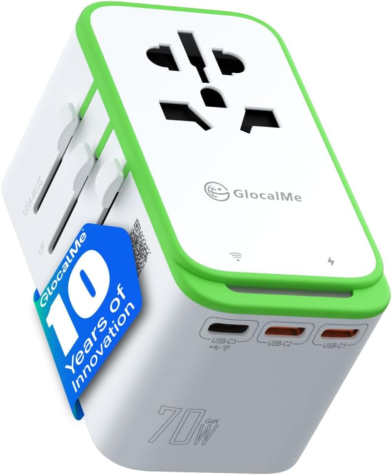 RoamPlug Universal Travel Adapter with 4G WiFi Mobile Hotspot and US 1GB Data, All-in-One International Power Plug Adapter, 4 USB Ports and Max 70W Output for EU UK AUS