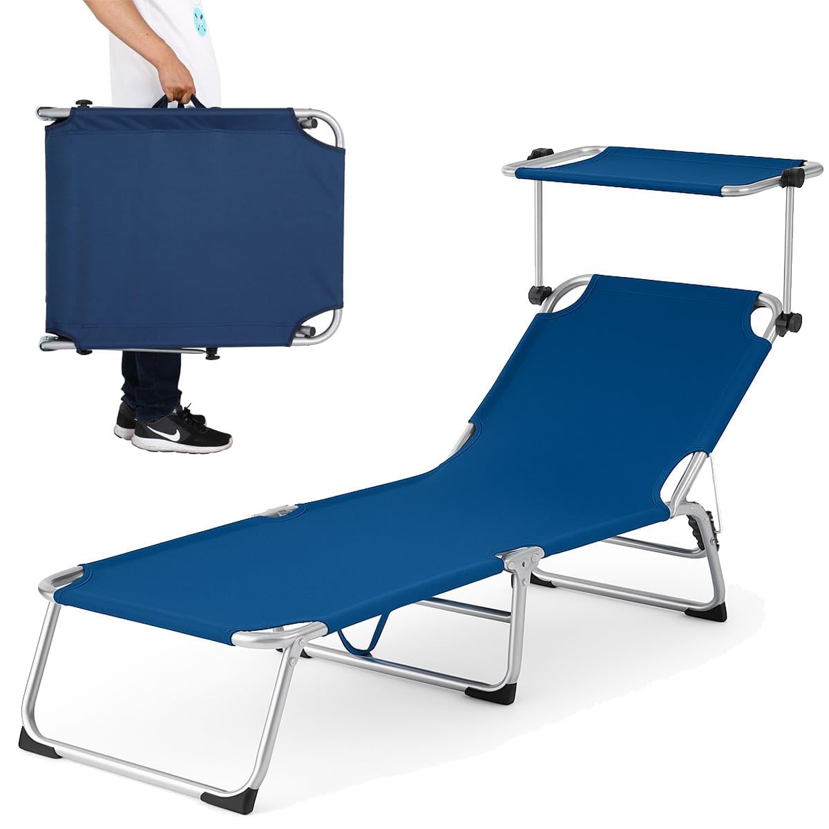 BAKAJI Lettino Prendisole con Tettuccio Parasole Sdraio Pieghevole Salvaspazio, Schienale Regolabile, Struttura in Metallo e Tessuto in Poliestere per Mare Spiaggia Piscina (Blu)