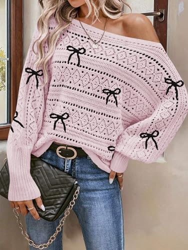 Image of Cakulo Womens Off Shoulder Sweater Top Fall Outfits Fashion 2025 Oversized Knit Batwing Long Sleeve Crochet Pullover Sweaters