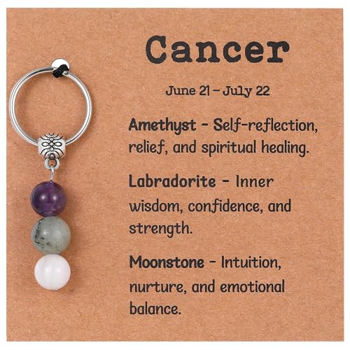 Drogomen Cancer Zodiac Gifts for Women, Natural Crystal Keychain Constellation Gemstone Beads Keychain Astrology Spiritual Jewelry Zodiac Birthday Gifts for Women (Cancer)