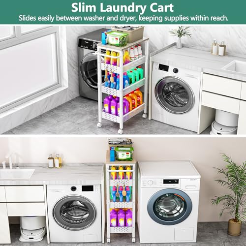 Image of Vivihomety Utility Slim Storage Cart with Wheels, 4 Tier Small Rolling Cart with Wood Top, Metal Kitchen Bathroom Laundry Room Organization Trolley with Handle for Narrow Space - White