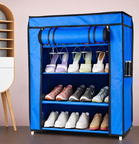 Image of Zest 4 Toyz 4 Shelf Shoe Rack for Home with Zip Door Cover & Side Pockets Shoe Stand Multipurpose Storage Rack for Footwear Toys Clothes with Dustproof Cover (Blue)