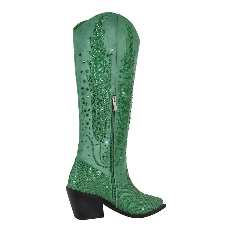 LISHAN Women's Bling bling Heel Knee High Boots Rhinestone Chunky Block Heel Pull on Shoes3