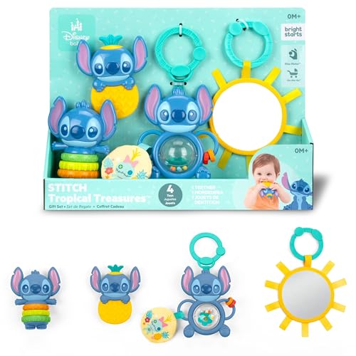 Image of Bright Starts Disney Baby Stitch Tropical Treasures Gift Set with 4 Stitch Inspired Toys Including Baby-Safe Mirror and Teether, Newborns & Up