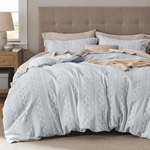 Image of Bedsure Sky Blue Queen Size Comforter Set - Soft Cotton Bedding Set for All Seasons, Stripe Fluffy Bed Set 3 Pieces with 1 Waffle Weave Comforter Queen Size and 2 Pillow Shams