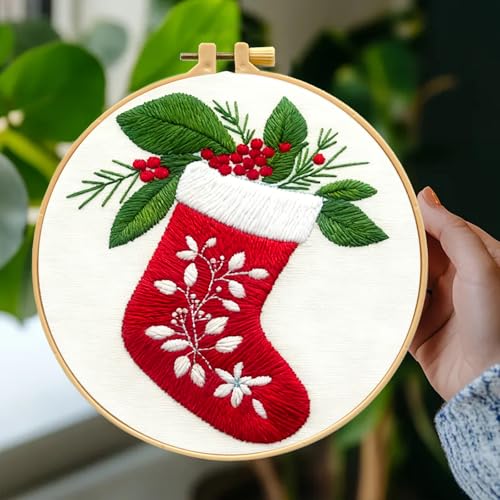 Image of Zhenqing Christmas Stocking Embroidery Kit for Beginners, Red Stocking Needlework Kit with Pre-Printed Fabric, Hoop, Threads & Tools (C0035)