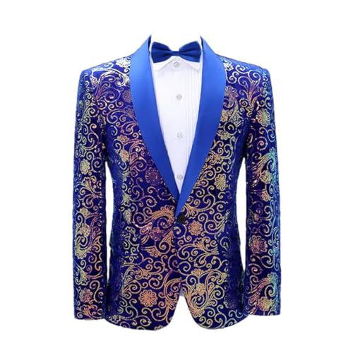 Men Sequins Patchwork Performance Blazer Host Stage Dress Jacket with Bow Collar
