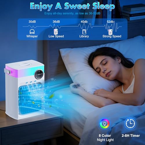 Image of Portable Air Conditioners, Mini AC Unit Cooling Fan for Bedroom,1200ML Small Air Cooler Fans with Remote, 3 Mist,3 Speed,8 Light,2-8H Timer Personal AC Portable for Office Camping Car Desk (White)