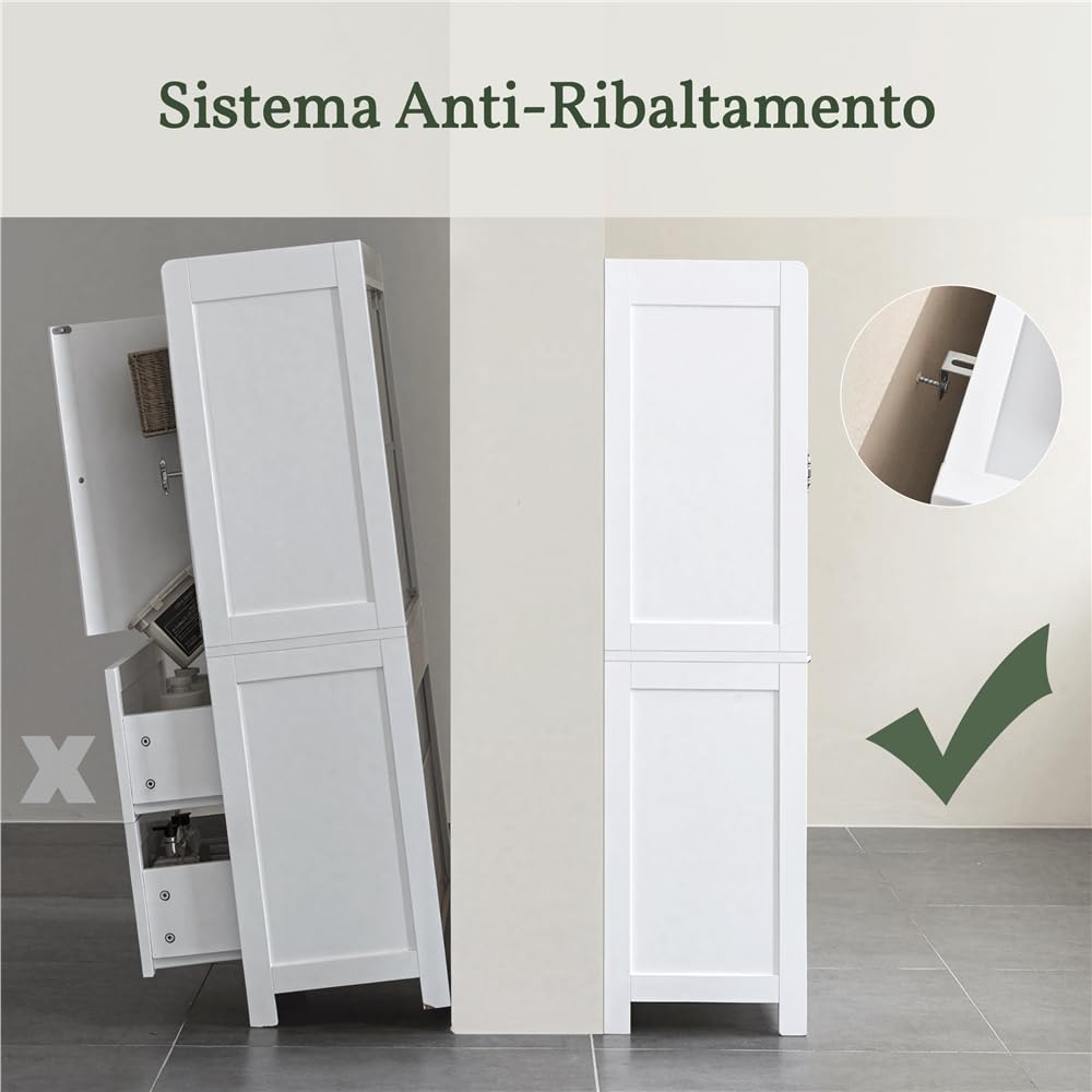 Yaheetech Mobile da Bagno Armadietto Autoportante in Legno Due Ante e Due Cassetti Ripiani Regolabili Mobiletto Bagno Multiuso per Soggiorno Salotto Cucina Sala da Pranzo 60x30x115 cm Bianco