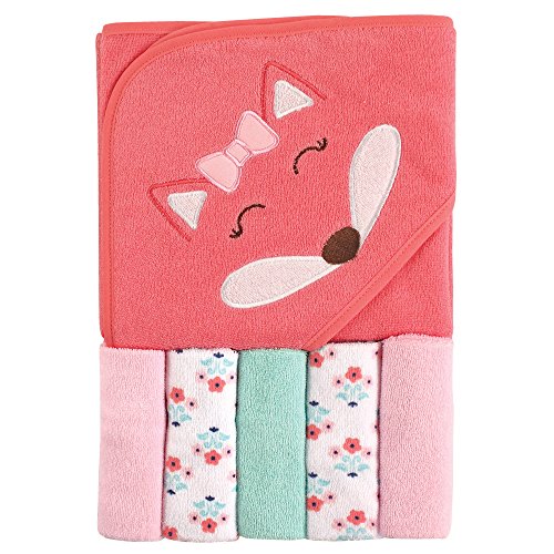 Image of Luvable Friends Unisex Baby Hooded Towel with Five Washcloths, Cotton, Girl Fox, One Size