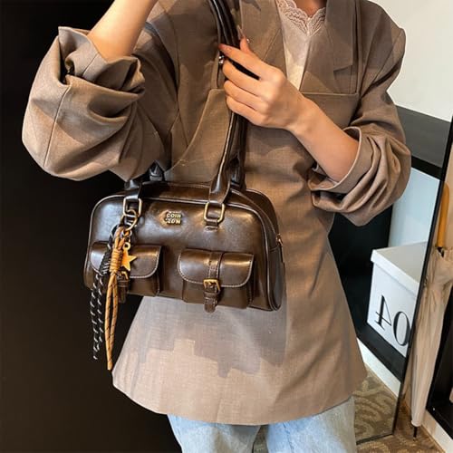 Leather Retro Shoulder Bag for Women with Pendant Casual Purse Tote Handbag Zipper Closure Shoulder Tote Handbag Trendy Purse3
