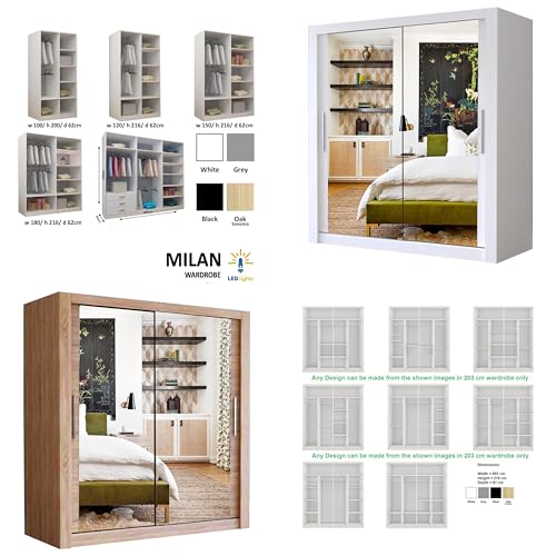 A.C. Milan Modern Double Mirror sliding door wardrobe with LED Light Width 100cm/120cm/150cm/180cm/203cm/250cm (100, White) 4 A.C. Milan Modern Double Mirror sliding door wardrobe with LED Light Width 100cm/120cm/150cm/180cm/203cm/250cm (100, White) - Image 4