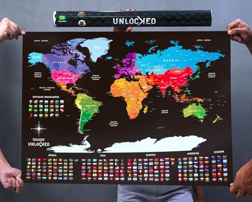 Mapa Mundi de Raspar Grande | Unlocked | Com moldura | Scratch off Mundi Map | Mapa Raspadinha