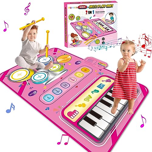 DQMOON Spielzeug ab 1 2 3 Jahr Musikmatte, 2 in 1 Klaviermatte Tanzmatte mit 2 Trommelstöcke, Kinderspielzeug ab 1-5 Jahre,...