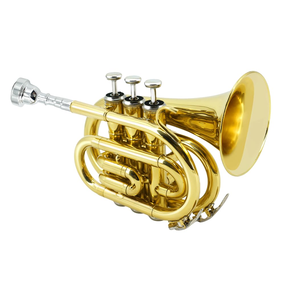 Trompette de poche en laiton nickelé avec embouchure 7C, kit de nettoyage, étui de transport, gants pour débutants/étudiants (doré)