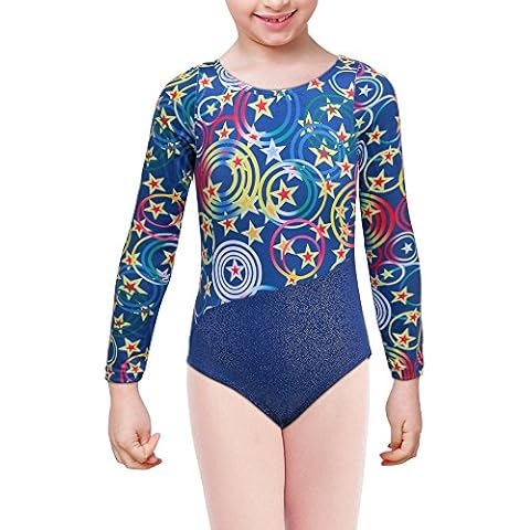 Kidsparadisy Leotard for Girls Gymnastic Ballet Dancewear Long Sleeve Charming Galaxy Flowers Unitard (Blue, 140(7-8T)) Cover