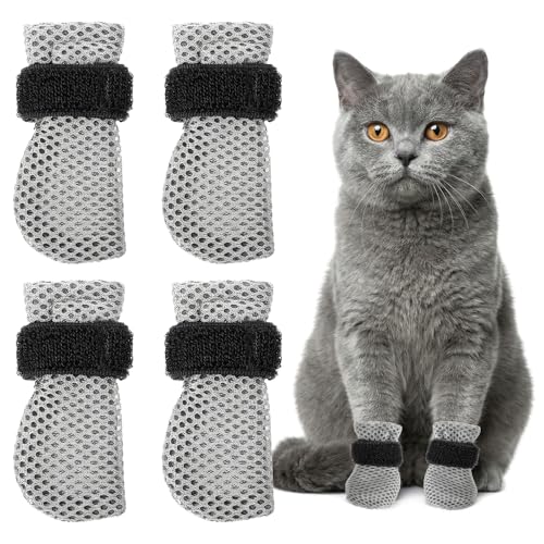 Hadnves 4 Pcs Cat Booties Anti Scratch Mittens Gloves Mesh Cat Claw Covers Kitten Protectors Foot Booties Breathable Adjustable Kitten Shoes to Prevent Scratching for Nail Trimming Pet Bathing
