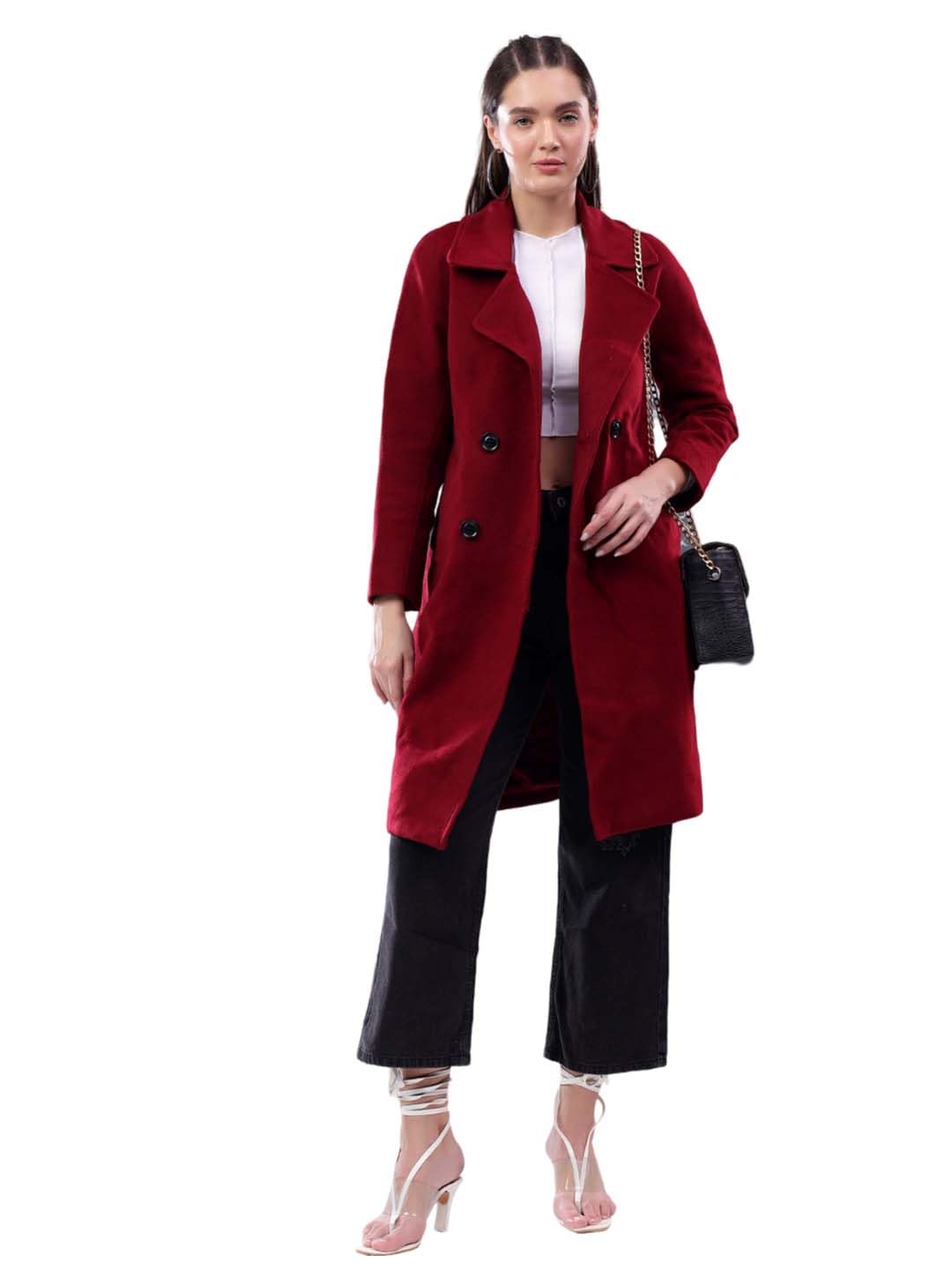 kotty Women's Longline Double-Breasted Classic & Timeless Elegance Coat(Maroon,S)-picture-49