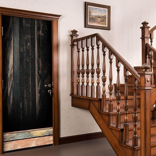 Pegatinas para Puertas de Madera Vintage Door Stickers 3D Adhesivo Vinilo Pegatina Puerta Negro Murales Póster Decorativas de Pared Mural Papel Pintado 77x200 cm a/1613