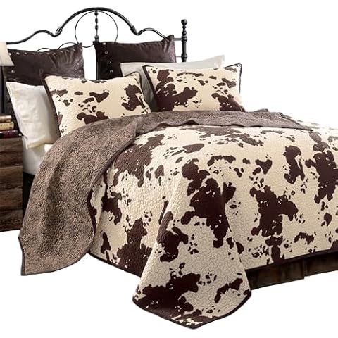 Paseo Road by HiEnd Accents Elsa Cow Print Bedding 3 Piece King Size Quilt Set, Brown Cowhide Pattern, Cotton Reversible Western Bed Set, Rustic Farmhouse Southwest Cow Print Quilt with Pillow Shams Cover