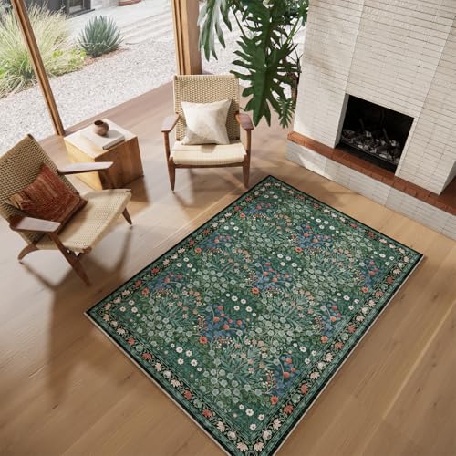 Image of Dark Green 4x6 Washable Area Rug, Ultra Soft Non-Slip Stain Resistant, Floral Distressed Design for Living Room, Bedroom, Large Entryway & Kitchen