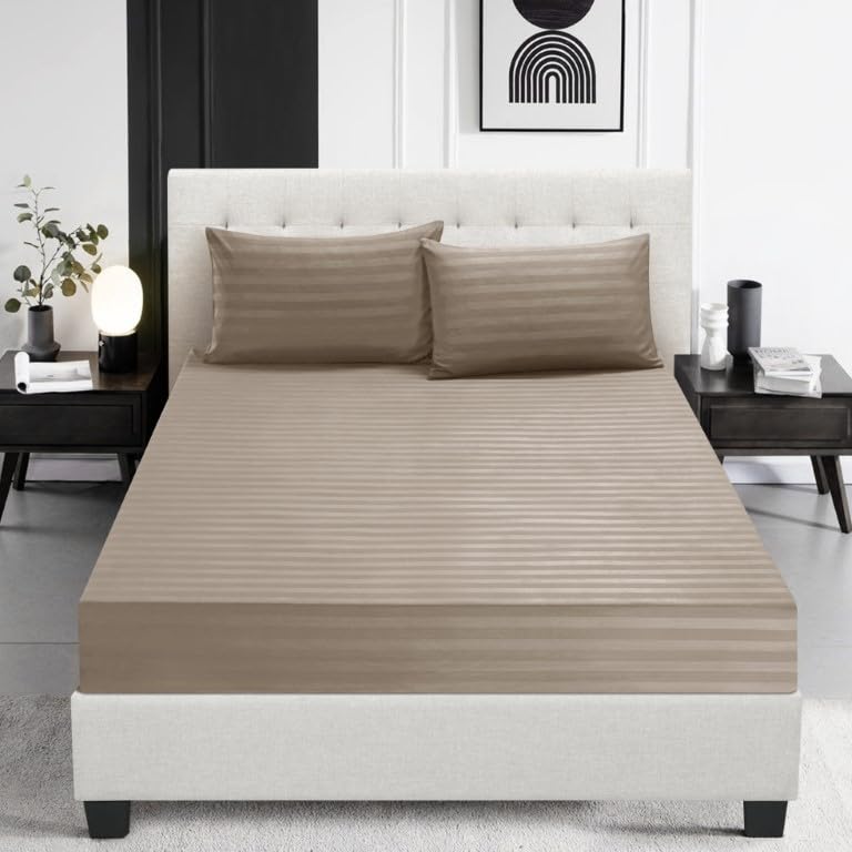 Prime Linens Satin Stripe Fitted Sheet Bed Sheet Brushed Microfiber 30 Cm Deep Fitted Sheet Elastic Edges Breathable Soft Machine Washable Fade Resistant (Mink, Single)