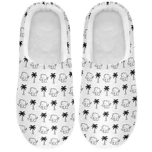 Soft Cute Elephant Palm Tree Black and White House Slippers for Woman Men,Fuzzy Slippers Cozy Memory Foam House Shoes Gifts for Women Men Size 14/15 2302108