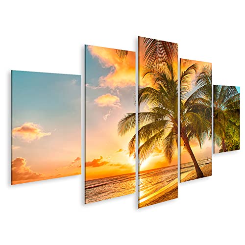 islandburner Tableau sur toile Magnifique coucher de soleil sur la mer avec des palmiers Caraïbes Barbade Cadre Affiche Poster Murale Tableaux