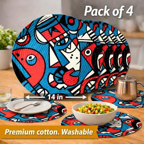 Image of Zimittory Round Cotton Dining Table Mats Set of 4, 14-inch, Pablo Pop