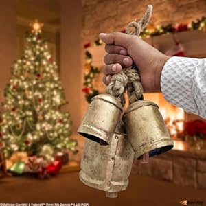 Set of 3 Rustic Style Bells Handmade Giant Vintage Metal Harmony Christmas Hanging Decoration Cow Bells on Jute Rope (Small) Set of 3 Rustic Style Bells Handmade Giant Vintage Metal Harmony Christmas Hanging Decoration Cow Bells on Jute Rope Small