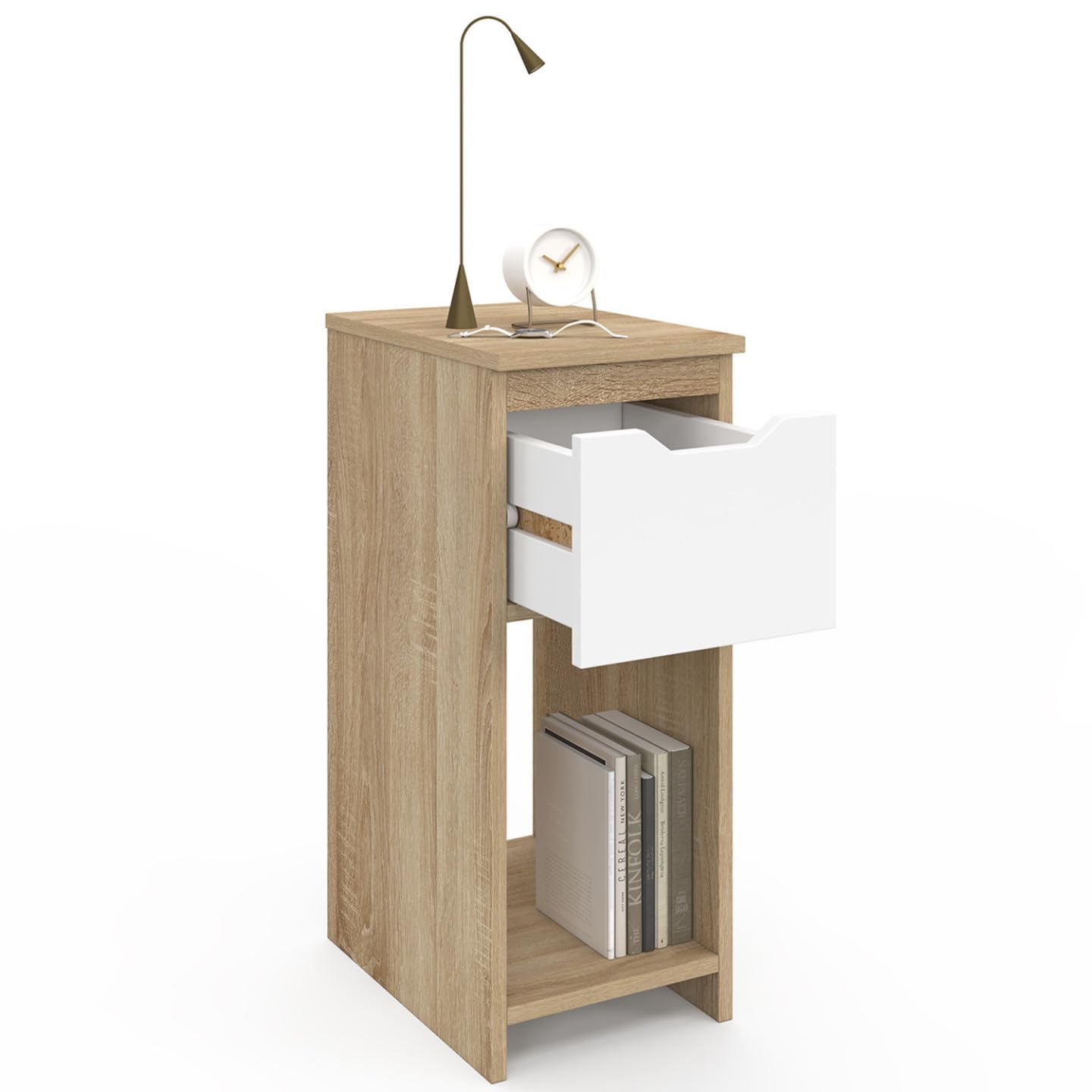 IDMarket - Lot de 2 Tables de Chevet étroites Anouk 1 tiroir avec Niche Bois façon hêtre et Blanc