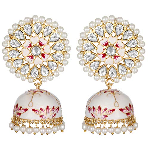 Aheli Handcrafted Traditional Wedding Wear Faux Kundan Studded Floral Enamel Jhumka Jhumki Earrings Indian Ethnic Fashion Jewelry for Women Girls