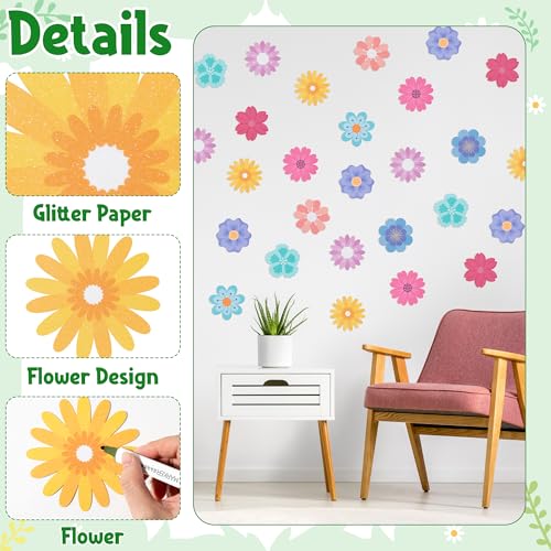 Image of Flowers Glitter Cutouts - 100Pcs Versatile Colorful Floral Cut-Outs Springtime Flowers Shaped Paper Die Cut for Spring Summer Party Baby Shower Home School Classroom Bulletin Border Wall Decorations