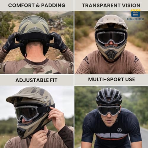 Image of Premium Adult Motocross Dirt Bike Racing, Cycling Goggles - Transparent Lens, Adjustable Strap with Extra Back Padding for Comfort