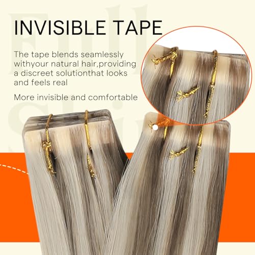 Image of Full Shine Long Lasting Tape in Hair Extensions Human Hair,8P60 Beige Blonde Highlighted Ash Brown,24Inch 50G 20Pcs,Remy Hair Extensions,Seamless Natural Blend Tape Extensions for Fuller Hair
