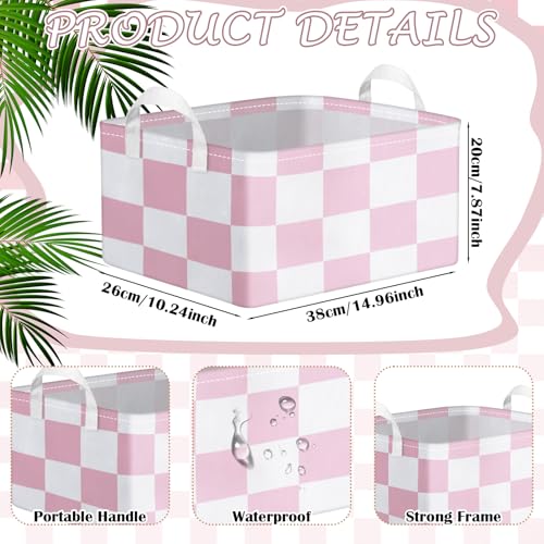 Image of Boao 3 Pcs Pink and White Checkered Storage Basket with Handle Cute Car Baskets Gingham Classroom Laundry Toy Storage Bin Organizer Canvas Plaid Hamper for Dormitory Home Nursery Bathroom Bedroom