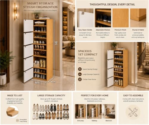Image of Mevigo-Wooden Shoe Rack with 5-Door -Tall Shoe Cabinet with Doors, 9-Tier Freestanding Shoe Storage Organizer for Entryway, Engineered Wood Shoe Stand Cabinet, Space-Saving Narrow Shoe Rack Wooden