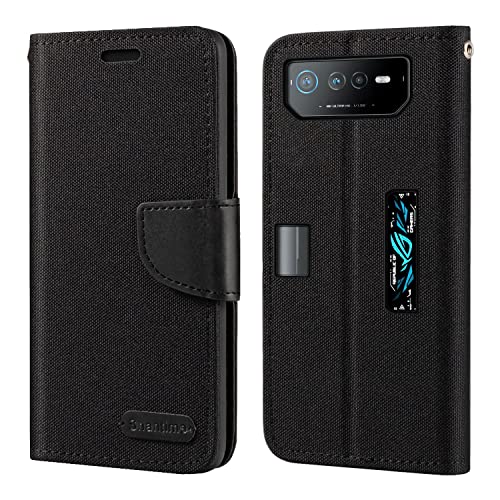 Funda Tipo Cartera de Tela Oxford y Cuero PU Compatible con ASUS ROG Phone 6D Ultimate, Protección Resistente con Ranuras para Tarjetas y Cierre Magnético (Negro)