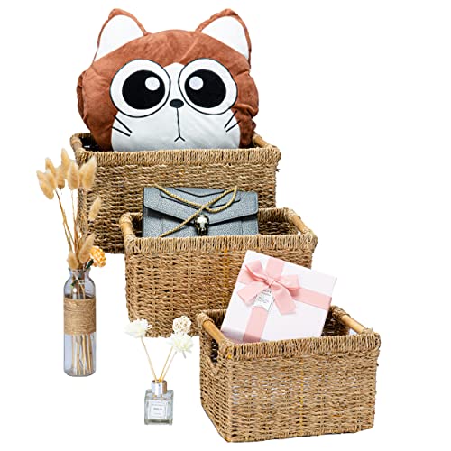 Wicker Baskets For Storage Organizing, Seagrass Storage Baskets Rectangular With Wooden Handles For Shelves, Natural Wicker Storage Basket Bins - Set Of Wicker Baskets For Home Organization #TOP1