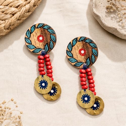Image of Royal Queen & Empress Handcrafted Tribal Dhokra Earrings Collection for Women - Wooden, Fabric & Round Statement Ethnic Designs in Multiple Colours