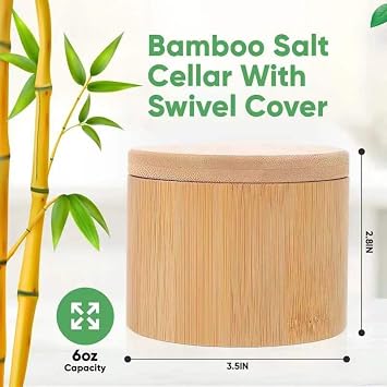 karmiero Salt Cellar, Bamboo Salt Container with Lid, Solid Salt Box Holder with 360 Swivel Lid for Countertop to Store Pepper Spice, Elegant Flaky Salt Containers Bowl on Your Kitchen, 6OZ