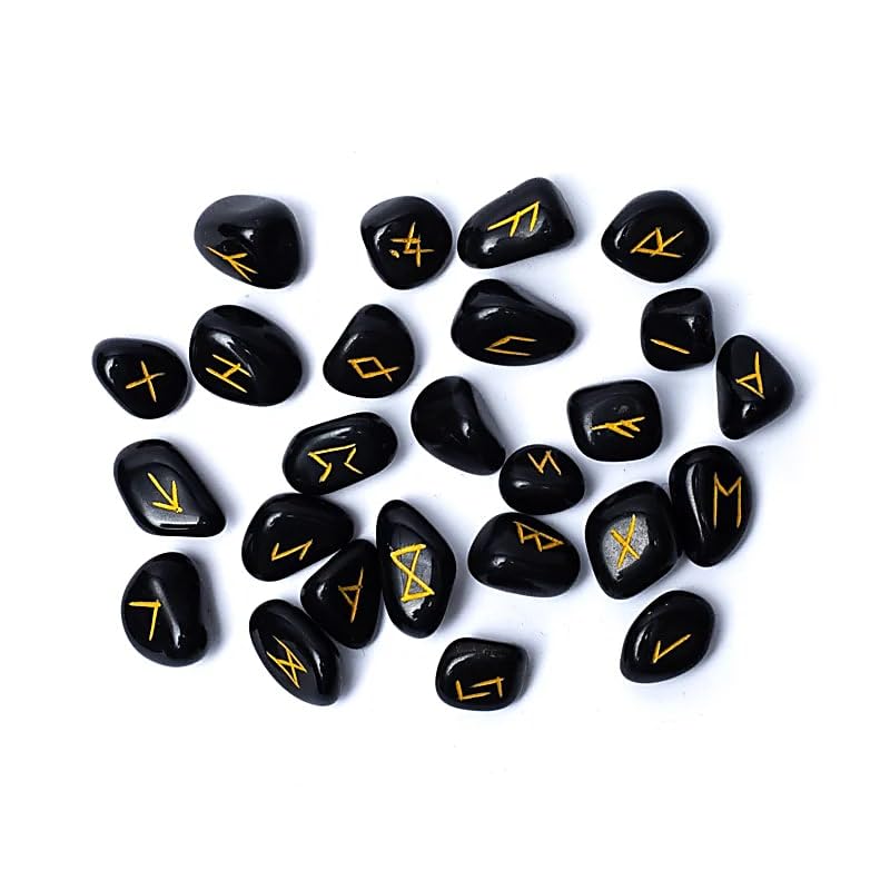 SET Rune Oracle en Agate Noire – 25 Pierres dans une Pochette en Velours avec Notice Français