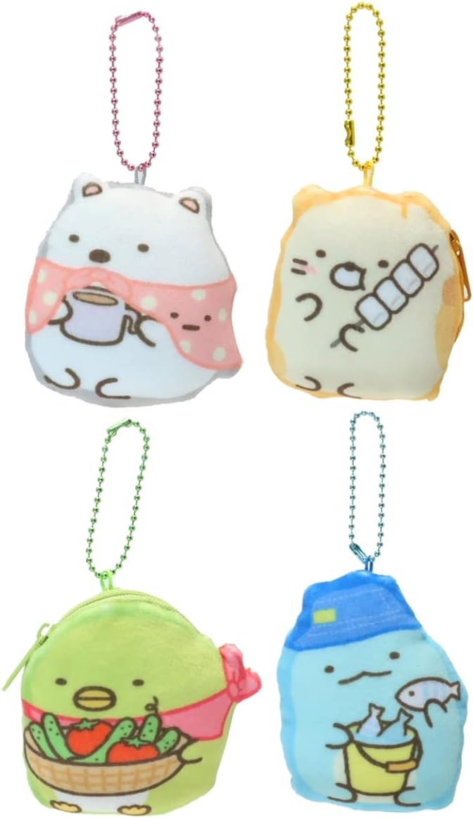 すみっコぐらし ぬいぐるみ ミニ小銭入れ ４種セット しろくま ねこ ぺんぎん とかげ ボールチェーン付き 約8cm ケイカンパニー おもちゃ