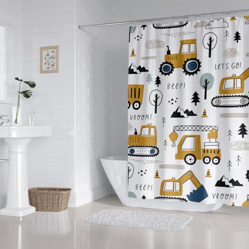 Image of Construction Truck Shower Curtain Cartoon Excavator Vehicle Tractor Cars for Boys Kids Machinery Navy Blue Yellow Bathroom Decor Waterproof Fabric 72Lx72W Inch with Hooks