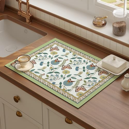 ARTABLE Dish Drying Mat Green Floral Print Absorbent Backed 12 x 16 Inch