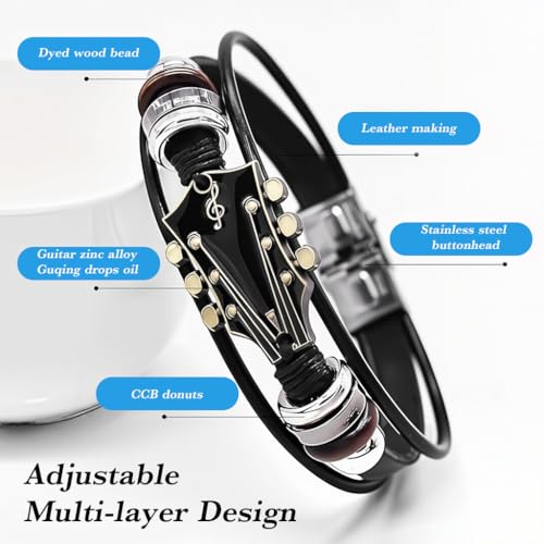 Image of GUSTAVE Bracelet for Man Women Guitar Leather Bead Braided Handmade Ethnic Tribal Cuff Multi-Layer Cords Wrap Music Shape Punk Rock Jewelry Gifts Wristband