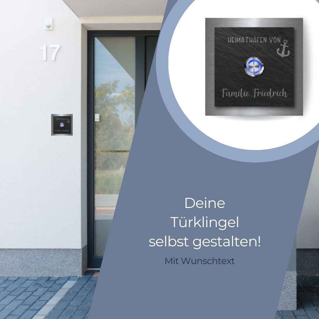 Schiefer Türklingel mit Edelstahlrahmen - Klingel Modell Friedrich ab 10x10 cm | Individuell graviert mit Wunschtext und Motiven - Optional mit beleuchtetem Klingelknopf